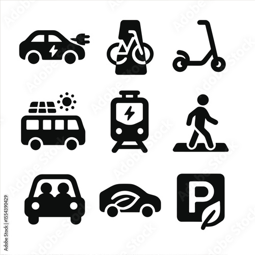 Clean Transport Icons. Solid, filled icons set of clean transportation options: electric car, bike lane,