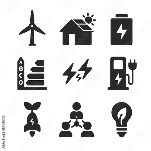 Clean Energy Icons. Solid, filled icons set of clean energy ventures: wind turbine, solar roof, battery