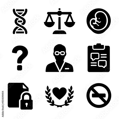 Cloning Debate Icons. Solid, filled icons set of cloning ethics debate: DNA strand, ethical scale, cloned