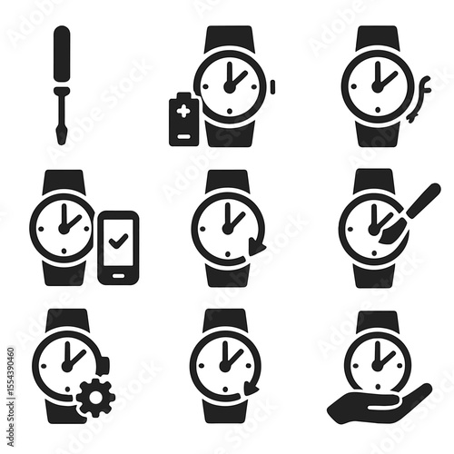 Clock Repair Icons. Solid, filled icons set of clock repair and care: screwdriver icon, battery change, wire