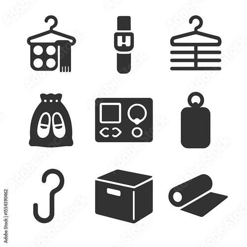 Closet Accessories Icons. Solid, filled icons set of closet accessories: scarf hanger, belt clip, tie holder,