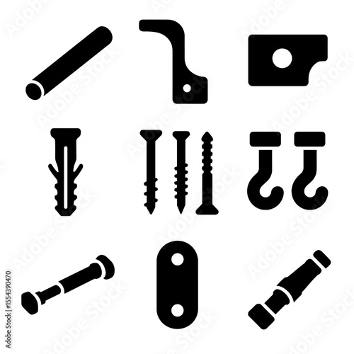 Closet Hardware Icons. Solid, filled icons set of closet hardware: metal rod, wooden bracket, rod connector,