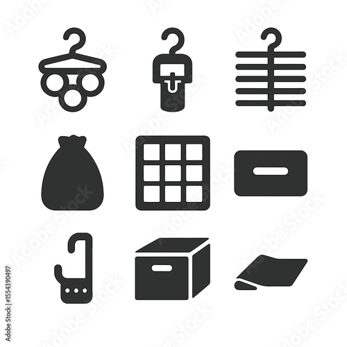 Closet Accessories Icons. Solid, filled icons set of closet accessories: scarf hanger, belt clip, tie holder,