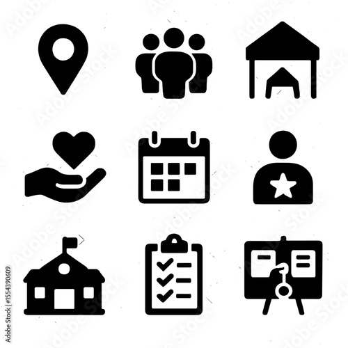 Community Initiative Icons. Solid, filled icons set of community engagement initiatives: local map pin,