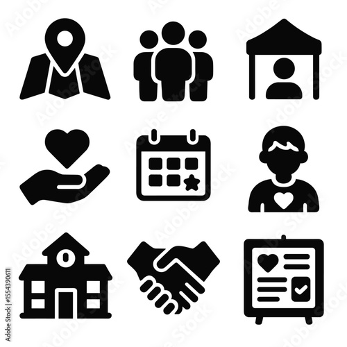 Community Initiative Icons. Solid, filled icons set of community engagement initiatives: local map pin,