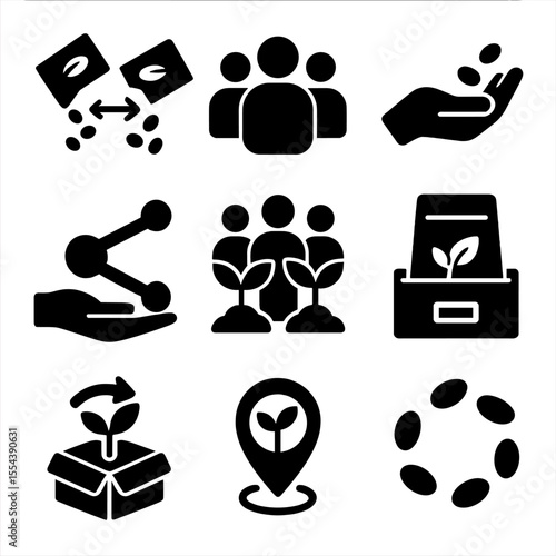 Community Seed Icons. Solid, filled icons set of community seed sharing and exchange: seed swap icon, group