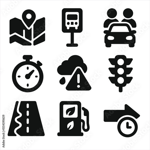 Commuting Optimization Icons. Solid, filled icons set of commuting optimization: city map, bus stop icon,