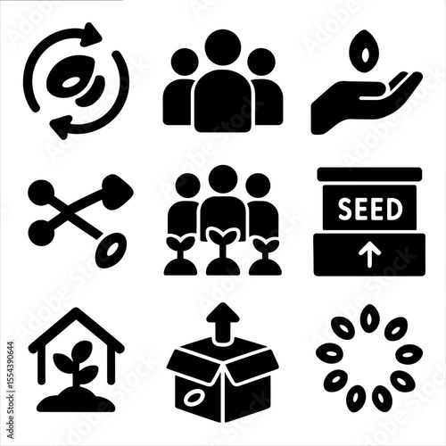Community Seed Icons. Solid, filled icons set of community seed sharing and exchange: seed swap icon, group