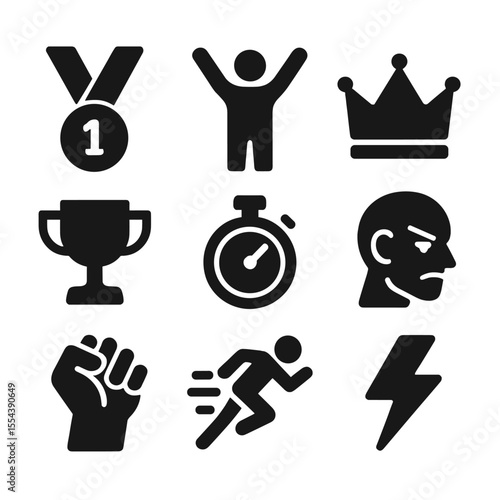 Competitive Spirit Icons. Solid, filled icons set of competitive spirit: gold medal, victory pose, champion