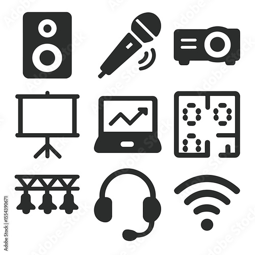 Conference Equipment Icons. Solid, filled icons set of conference equipment and logistics: audio speaker,