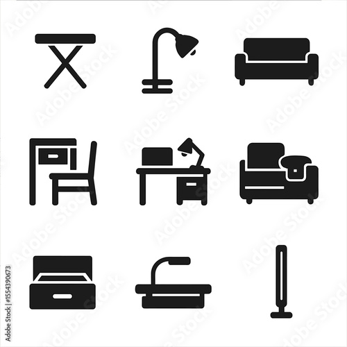 Compact Living Icons. Solid, filled icons set of small space living solutions: compact table, clip-on lamp,
