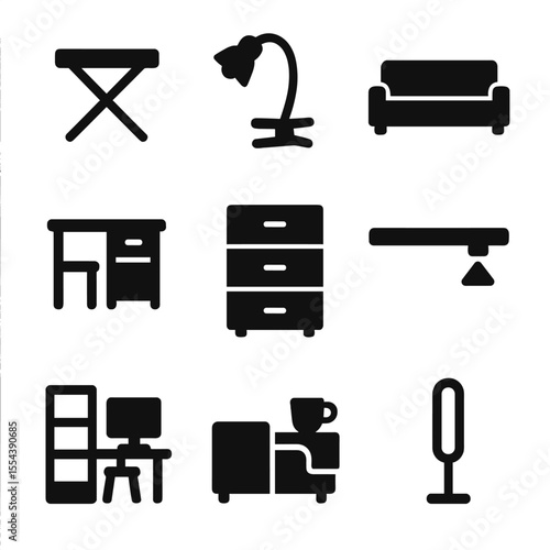 Compact Living Icons. Solid, filled icons set of small space living solutions: compact table, clip-on lamp,