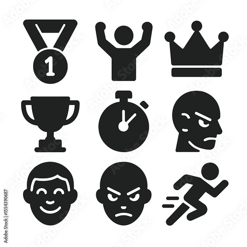 Competitive Spirit Icons. Solid, filled icons set of competitive spirit: gold medal, victory pose, champion