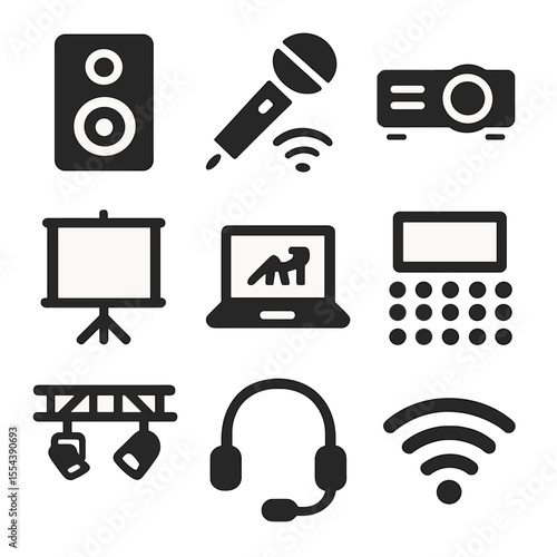 Conference Equipment Icons. Solid, filled icons set of conference equipment and logistics: audio speaker,