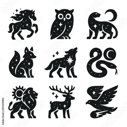 Cosmic Creature Icons. Solid, filled icons set of cosmic fantasy creatures: stardust horse, galaxy owl,