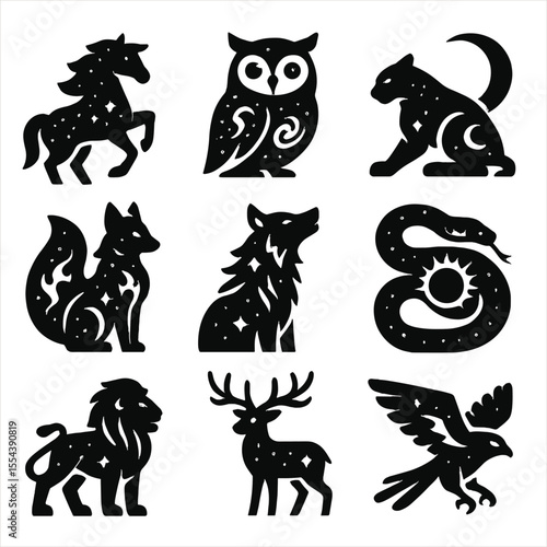 Cosmic Creature Icons. Solid, filled icons set of cosmic fantasy creatures: stardust horse, galaxy owl,