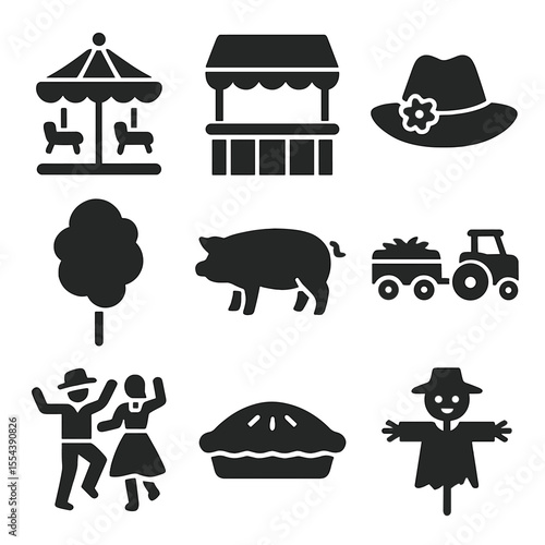 Country Fair Icons. Solid, filled icons set of outdoor country fair activities: fairground icon, rustic booth,