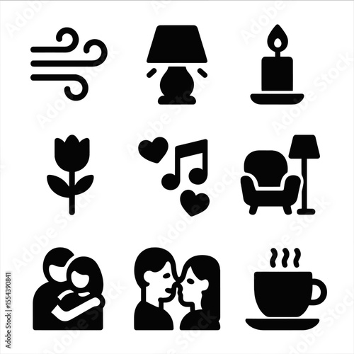 Cozy Atmosphere Icons. Solid, filled icons set of cozy and romantic atmospheres: gentle breeze, warm glow,