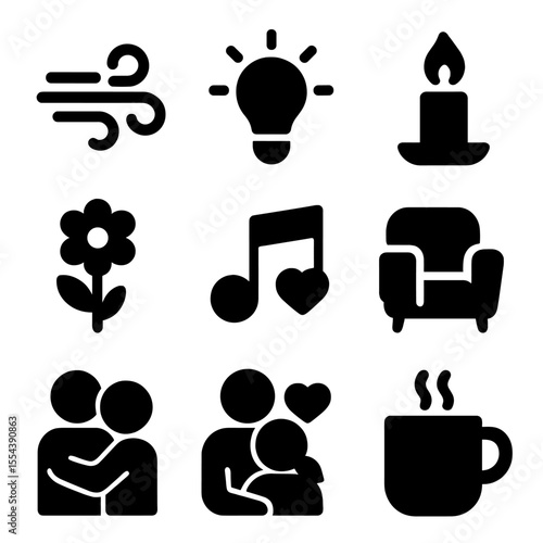 Cozy Atmosphere Icons. Solid, filled icons set of cozy and romantic atmospheres: gentle breeze, warm glow,