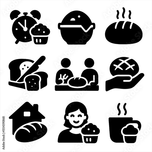 Cozy Baking Icons. Solid, filled icons set of cozy baking rituals: morning bake, dough rise, warm bread, first