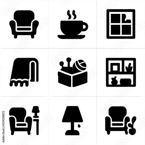 Cozy Crafting Icons. Solid, filled icons set of cozy crafting spaces: comfy chair, warm tea, window light,