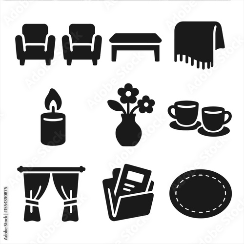 Cozy Chat Icons. Solid, filled icons set of cozy chat setup: double armchairs, shared coffee table, warm throw