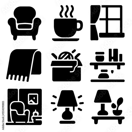 Cozy Crafting Icons. Solid, filled icons set of cozy crafting spaces: comfy chair, warm tea, window light,