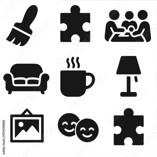 Cozy Home Moments. Solid, filled icons set of creative and relaxing home moments: paint brush, cozy puzzle,