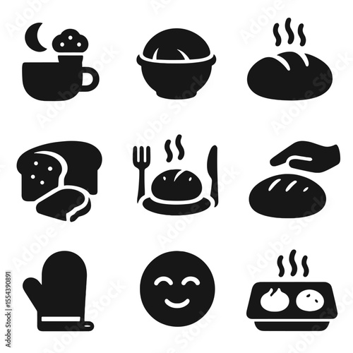 Cozy Baking Icons. Solid, filled icons set of cozy baking rituals: morning bake, dough rise, warm bread, first