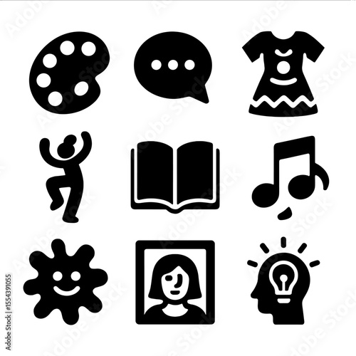 Creative Expression Icons. Solid, filled icons set of creative self-expression: color palette, spoken word