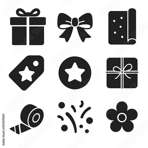 Creative Gift Wrapping Icons. Solid, filled icons set of creative gift wrapping: gift box, ribbon bow,