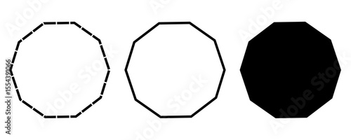 Set of decagon vector shapes including dashed outline, solid stroke, and filled version or silhouette. Ideal for geometry visuals, abstract elements, and infographic design. isolated white background