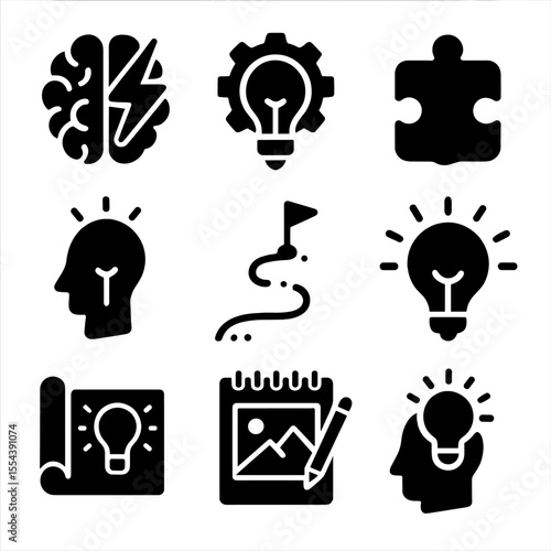 Creative Icons Grid. Solid, filled icons set of creative thinking and innovation: brain spark, idea gear,