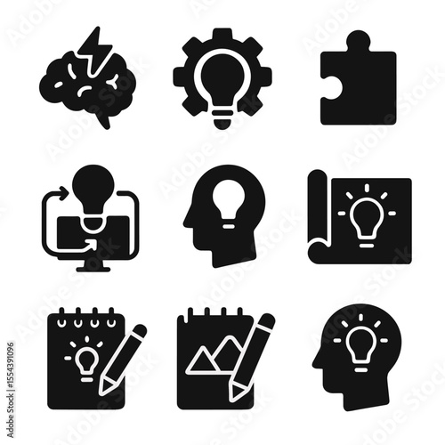 Creative Icons Grid. Solid, filled icons set of creative thinking and innovation: brain spark, idea gear,