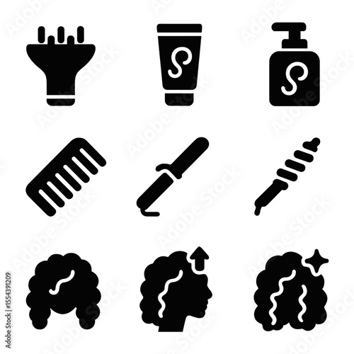 Curly Hair Icons. Solid, filled icons set of curly hair styling: diffuser attachment, curl cream, curl