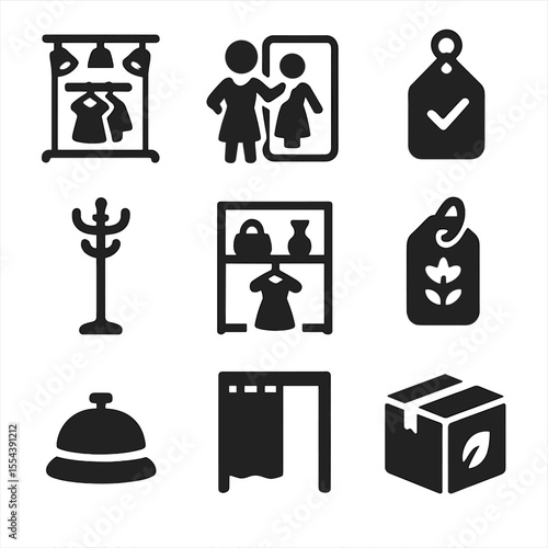 Curated Vintage Icons. Solid, filled icons set of curated vintage shop: spotlight rack, try-on icon, curated