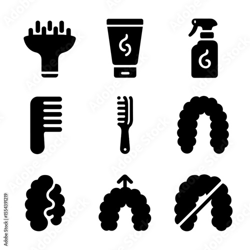 Curly Hair Icons. Solid, filled icons set of curly hair styling: diffuser attachment, curl cream, curl