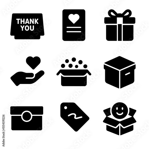 Customer Experience Icons. Solid, filled icons set of customer experience packaging: thank you note, care card