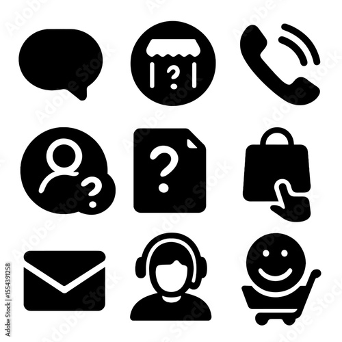 Customer Support Icons. Solid, filled icons set of customer support at checkout: live chat bubble, help center