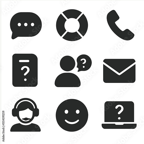 Customer Support Icons. Solid, filled icons set of customer support at checkout: live chat bubble, help center