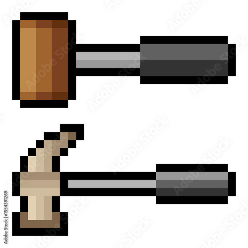 Hammer with pixel art isolated on white background