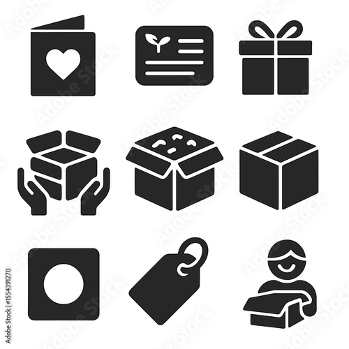 Customer Experience Icons. Solid, filled icons set of customer experience packaging: thank you note, care card