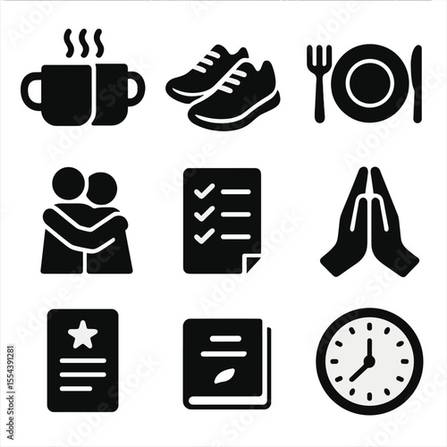 Daily Ritual Icons. Solid, filled icons set of daily rituals and connection: morning coffee mugs, evening walk
