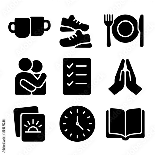 Daily Ritual Icons. Solid, filled icons set of daily rituals and connection: morning coffee mugs, evening walk