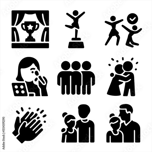 Dance Competition Icons. Solid, filled icons set of dance competitions and recitals: stage trophy, dance award