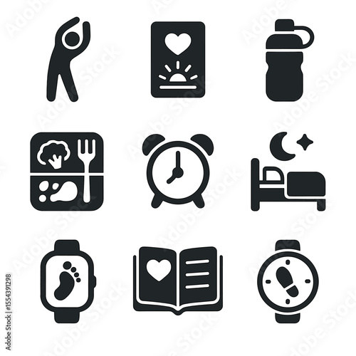 Daily Wellness Icons. Solid, filled icons set of daily wellness routines: morning stretch, affirmation card,