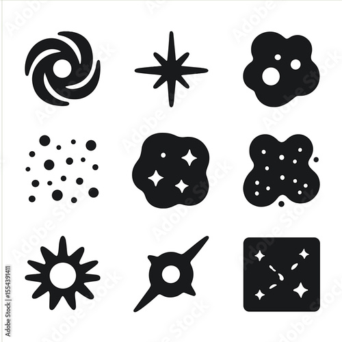 Deep Space Icons Grid. Solid, filled icons set of deep space observation: galaxy swirl, distant star, nebula