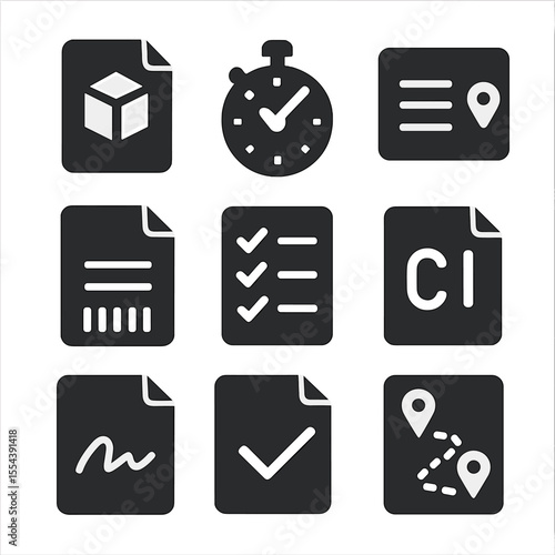 Delivery Icon Set. Solid, filled icons set of delivery note pads: delivery slip, package icon, delivery time