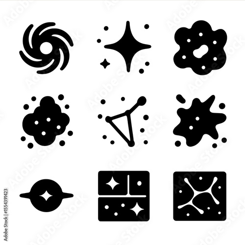 Deep Space Icons Grid. Solid, filled icons set of deep space observation: galaxy swirl, distant star, nebula