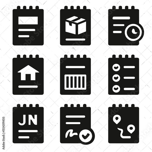 Delivery Icon Set. Solid, filled icons set of delivery note pads: delivery slip, package icon, delivery time